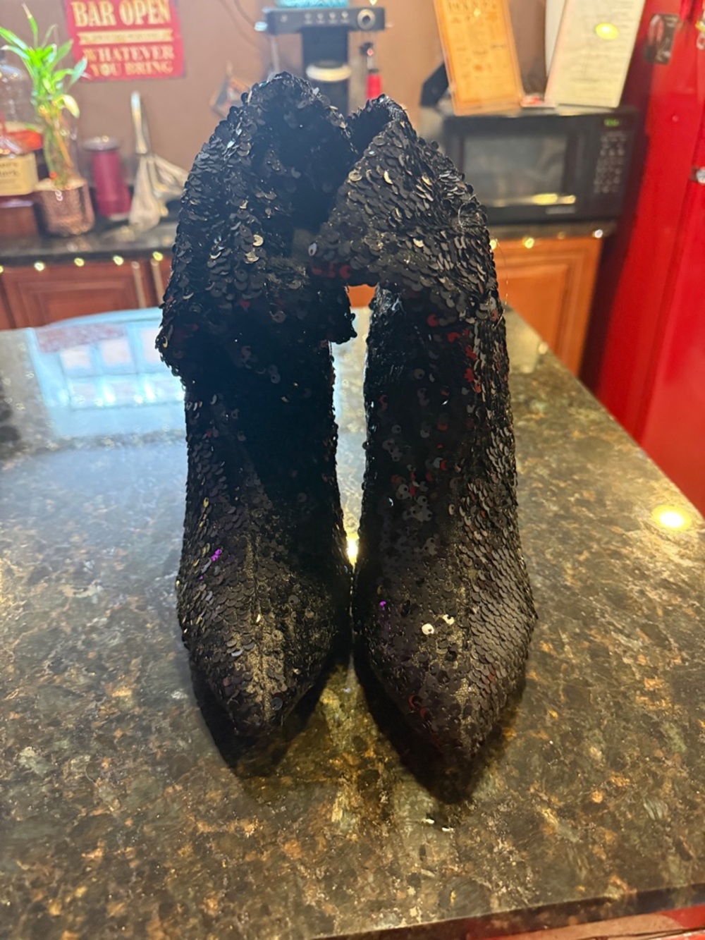 Liliana Black Sequin Pointed-Toe Ankle Booties